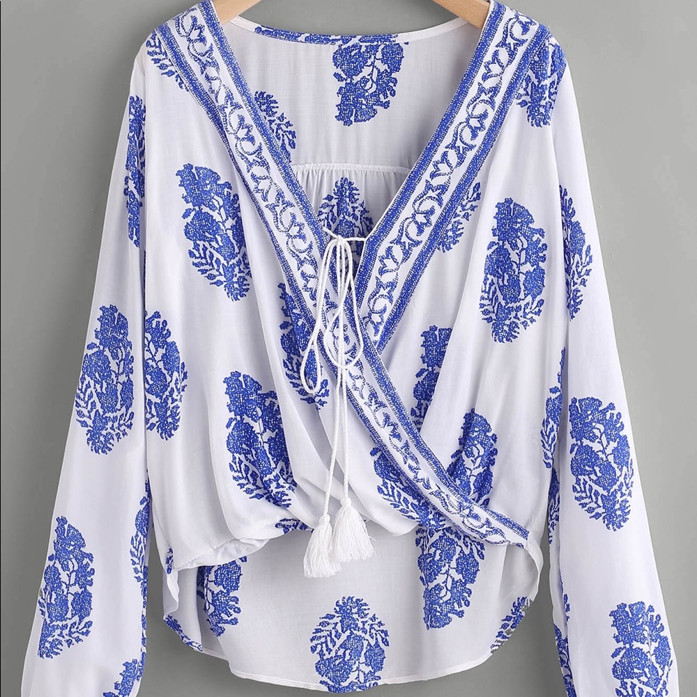 White/ Blue Print Blouse